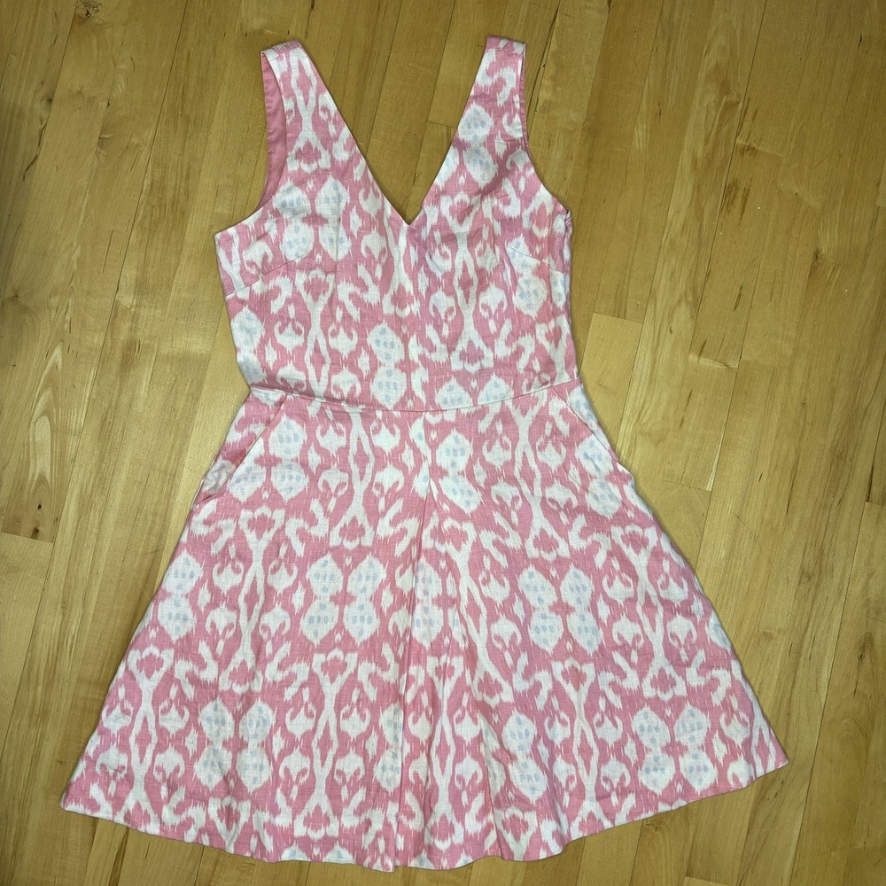 Gap Dress 6 Linen V Neck Sleeveless Pink White Batik Boho Dainty Fairy Feminine‎